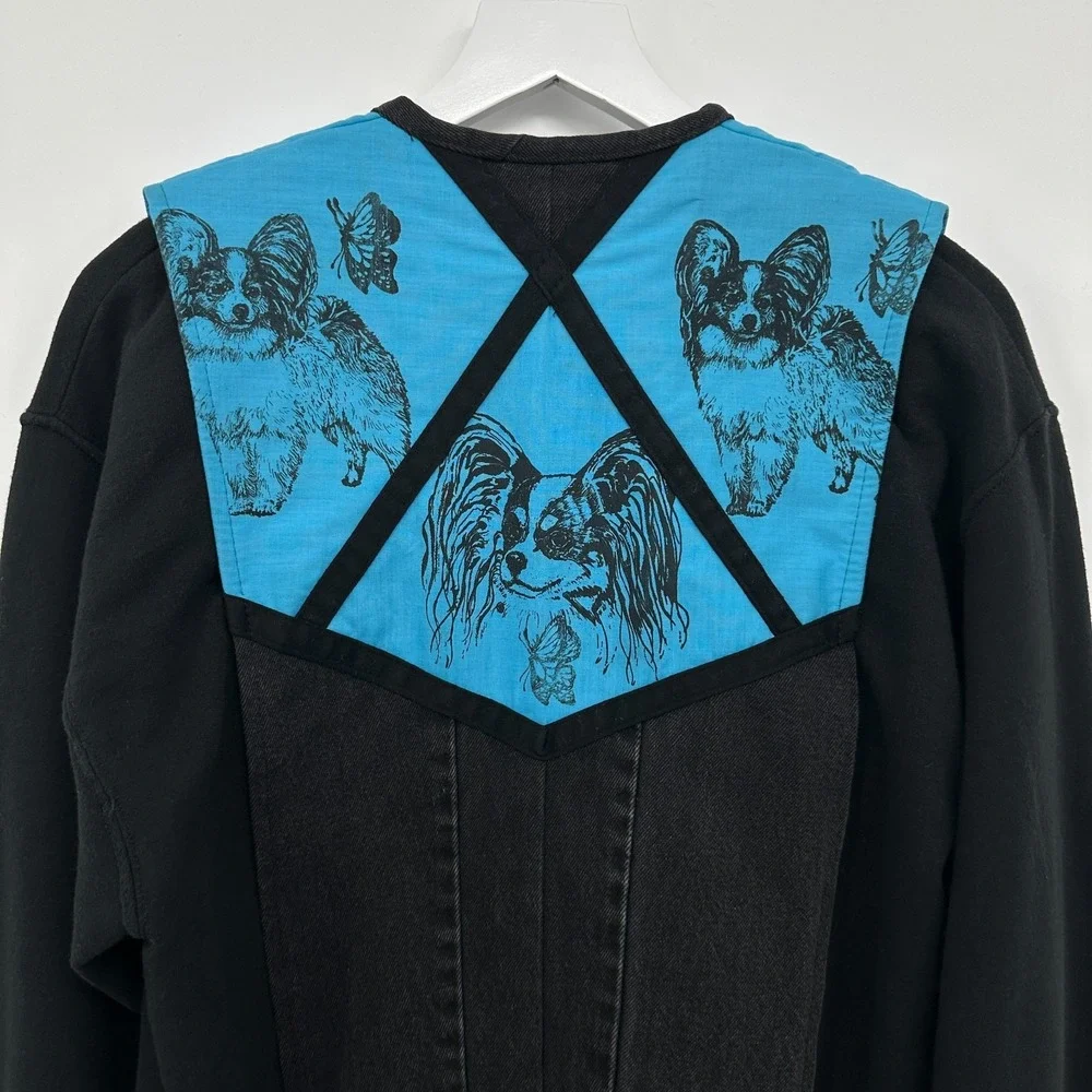 Vintage Upcycled Papillion Dog‎ Lover Jacket Size Small Fleece Denim Pockets